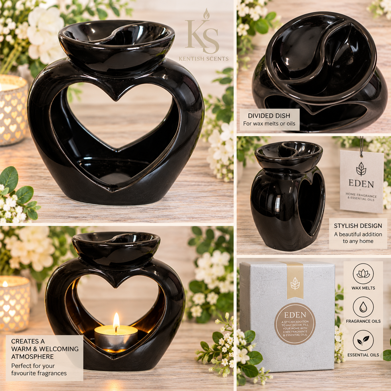 Eden Heart Black Ceramic Wax & Oil Burner. - Image 2